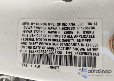 2015 Honda Civic Ex z USA, uszkodzony, nr VIN 19XFB2F87FE007735